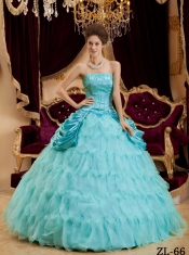 Aqua Blue Ball Gown Strapless Floor-length Ruffles Taffeta and Organza Beautiful Quinceanera Dress