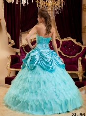 Aqua Blue Ball Gown Strapless Floor-length Ruffles Taffeta and Organza Beautiful Quinceanera Dress