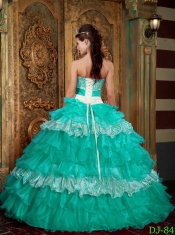 Aqua Blue Ball Gown Strapless  Organza and Zebra Ruffles Quinceanera Dress