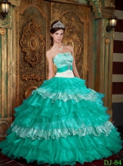 Aqua Blue Ball Gown Strapless Organza and Zebra Ruffles Quinceanera Dress