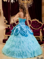 Aqua Blue Ball Gown Strapless Pretty Quinceanera Dresses with  Ruffles Taffeta and Organza