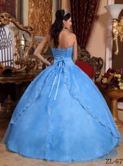 Aqua Blue Discount Ball Gown Strapless With Organza Appliques Quinceanera Dress