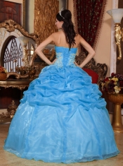 Baby Blue Ball Gown Strapless Pretty Quinceanera Dresses with  Organza Appliques