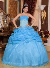 Baby Blue Ball Gown Strapless Pretty Quinceanera Dresses with Organza Appliques