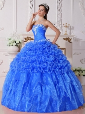 Baby Blue Ball Gown Strapless Pretty Quinceanera Dresses with Organza Embroidery with Beading