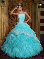 Baby Blue Ball Gown Strapless Pretty Quinceanera Dresses with Ruffles Organza