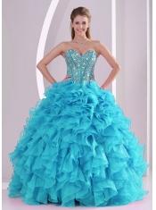 Baby Blue Sweetheart Ruffles and Beaded Decorate Sleeveless For Sweet 16 Dresses