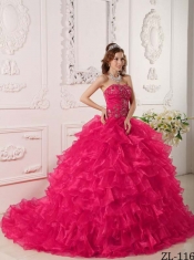 Ball Gown Embroidery and Ruffles Red Organza Hot Pink