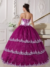 Ball Gown Fuchsia and White Organza Organza Appliques Strapless Lace-up Best Quinceanera Dress