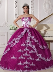 Ball Gown Fuchsia and White Organza Organza Appliques Strapless Lace-up Best Quinceanera Dress