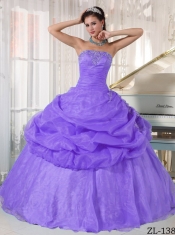 Ball Gown Lavender Floor-length Strapless Organza Appliques Discount Quinceanera Dresses