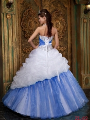 Ball Gown Organza Lace-up White and Baby Blue Beadings Pick-ups Sequins Spring Quinceanera