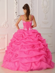 Ball Gown Satin and Organza Hot Pink Appliques Pick-ups Straps Best Quinceanera Dresses