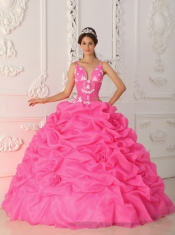 Ball Gown Satin and Organza Hot Pink Appliques Pick-ups Straps Best Quinceanera Dresses
