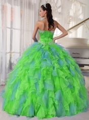 Ball Gown Spring Green and Blue Organza Sweetheart Appliques and Ruffles Discount Quinceanera Dresses