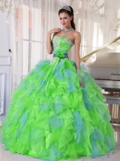 Ball Gown Spring Green and Blue Organza Sweetheart Appliques and Ruffles Discount Quinceanera Dresses