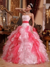 Ball Gown Strapless Multi-colored Floor-length Organza Quinceanera Dress With Beading and Ruch