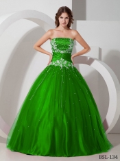 Ball Gown Strapless Pretty Quinceanera Dresses with Taffeta and Tulle Appliques and Beading