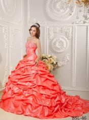 Ball Gown Taffeta Spring Quinceanera Dresses Beading and Appliques Orange Red 2014