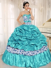 Beaded and Pick-ups For Aqua Blue Pretty Quinceanera Dresses Taffeta and Printing