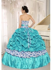 Beaded and Pick-ups For Aqua Blue Pretty Quinceanera Dresses Taffeta and Printing