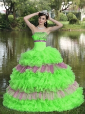 Beaded Decorate Bust Sequins Organza Multi-color Strapless Tiered Sweet 15th Birthday Dresses