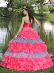 Beaded Decorate Bust Sequins Organza Multi-color Strapless Tiered Sweet Quinceanera Dress