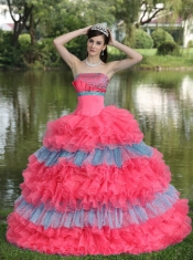 Beaded Decorate Bust Sequins Organza Multi-color Strapless Tiered Sweet Quinceanera Dress