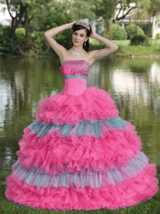 Beaded Decorate Bust Sequins  Pretty Quinceanera Dresses with Organza Multi-color Strapless Tiered Sweet