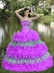 Beaded Decorate Organza Multi-color Strapless Sweet Ball Gown Dress with Ruffels and Sequins