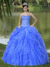 Beaded Ruffles Layered Decorate Famous Designer Quinceanera Dress With Sweetheart Blue Skirt