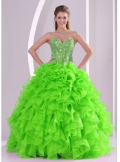 Beading and Ruffles Spring Green Sweetheart Best Quinceanera Dresses Organza Ball Gown