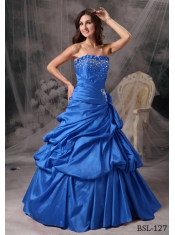Beautiful A-Line / Princess Strapless Long Taffeta Beading Sweet 16 Dresses in Blue