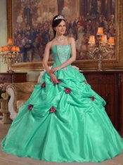 Beautiful Apple Green Ball Gown Strapless With Taffeta Beading and 3D Flower For Discount Quinceanera Dress
