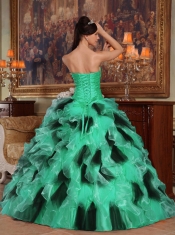 Beautiful Green and Black Strapless  Ball Gown Floor-length Beading And Ruffles Organza Beautiful Quinceanera Dress