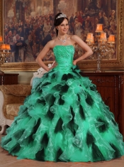 Beautiful Green and Black Strapless Ball Gown Floor-length Beading And Ruffles Organza Beautiful Quinceanera Dress