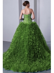 Beautiful Olive Green A-Line Sweetheart Brush Train  Organza Cheap Quinceanera Dresses