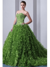 Beautiful Olive Green A-Line Sweetheart Brush Train Organza Cheap Quinceanera Dresses