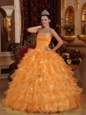 Beautiful Orange Ball Gown Strapless With Organza Beading For Discount Quinceanera Dress