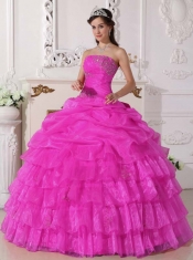 Beautiful Pink Ball Gown Strapless Floor-length Organza 2014 Spring Quinceanera Dresses