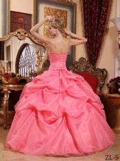 Beautiful Watermelon Ball Gown Lace-up Floor-length Organza Appliques Cheap Quinceanera Dresses