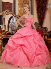 Beautiful Watermelon Ball Gown Lace-up Floor-length Organza Appliques Cheap Quinceanera Dresses