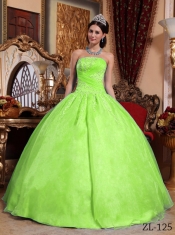 Beautiful Yellow Green Ball Gown Strapless Floor-length Organza Appliques For Sweet 16 Dresses