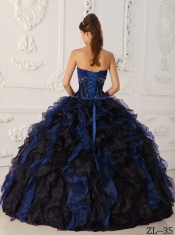 Blue and Black Ball Gown Strapless Floor-length Taffeta and Organza Beading Beautiful Quinceanera Dress