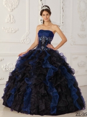 Blue and Black Ball Gown Strapless Floor-length Taffeta and Organza Beading Beautiful Quinceanera Dress