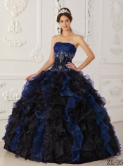 Blue and Black Ball Gown Strapless Floor-length Taffeta and Organza Beading Beautiful Quinceanera Dress