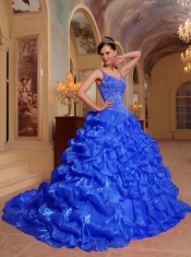 Blue Ball Gown Spaghetti Straps Pretty Quinceanera Dresses with Organza Embroidery