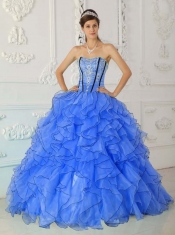Blue Ball Gown Strapless 15th Birthday Dresses Organza Appliques