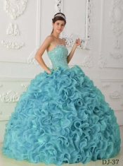 Blue Ball Gown Strapless 15th Birthday Dresses Organza Beading