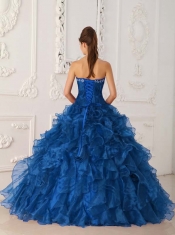 Blue Ball Gown Strapless With Satin and Organza Embroidery For Discount Quinceanera Dress